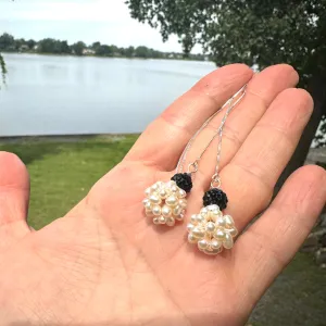 White Pearl Ball Threader Earrings, Black Rhinestones, Silver