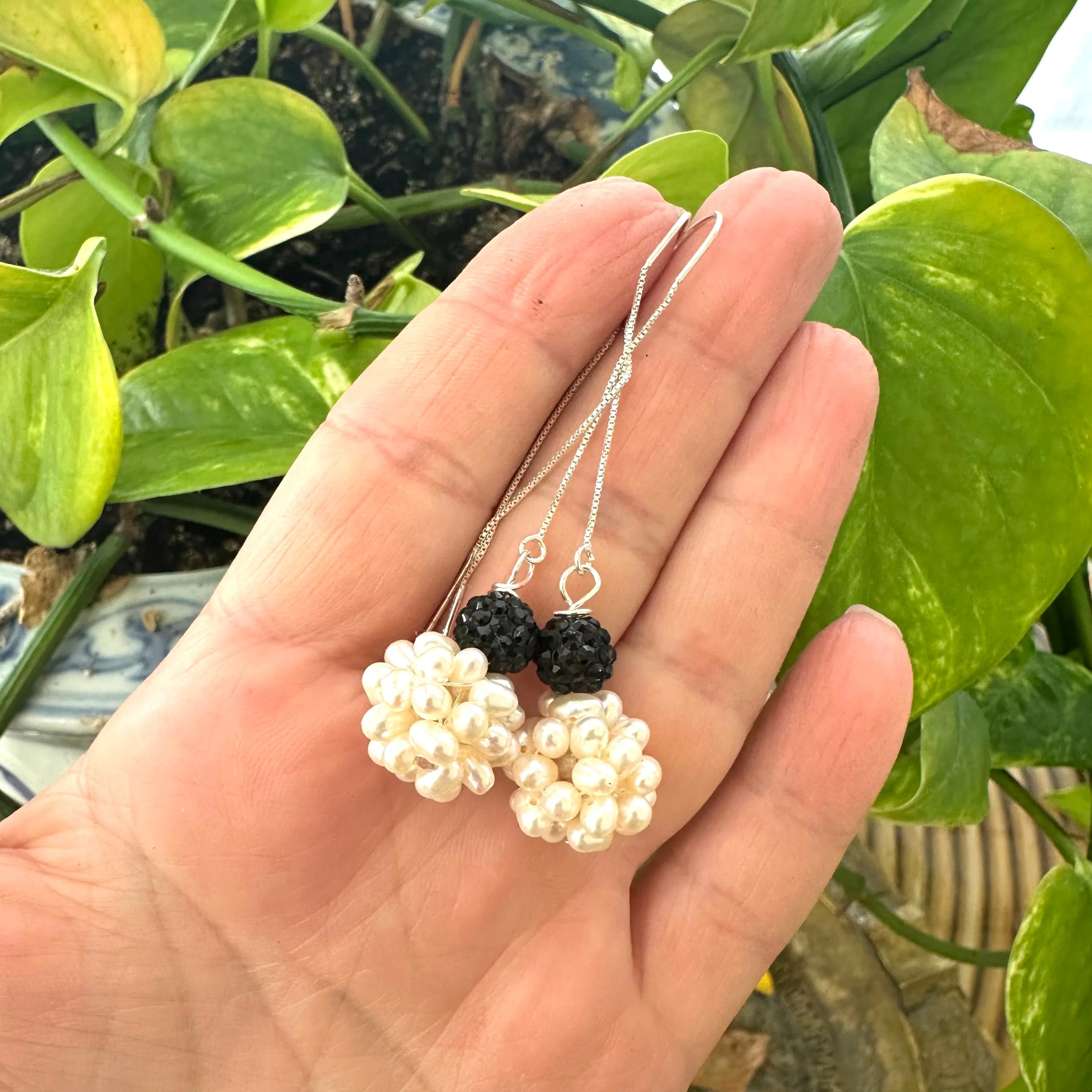 White Pearl Ball Threader Earrings, Black Rhinestones, Silver
