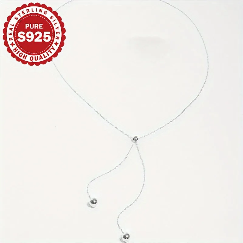Women's S925 Silver Bead Pull Chain Round Ball Pendant Tassel Necklace