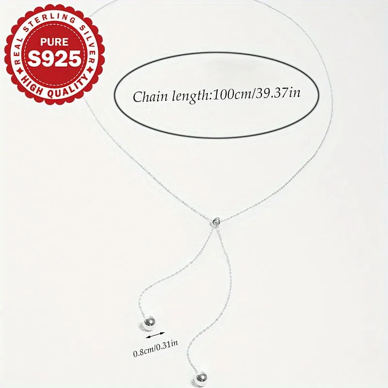 Women's S925 Silver Bead Pull Chain Round Ball Pendant Tassel Necklace