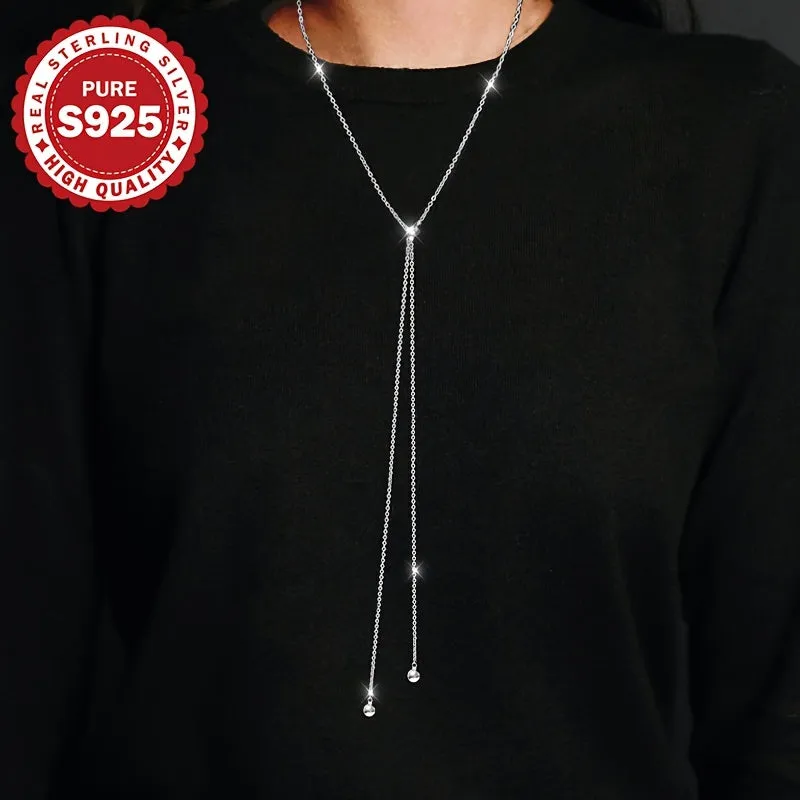 Women's S925 Silver Bead Pull Chain Round Ball Pendant Tassel Necklace