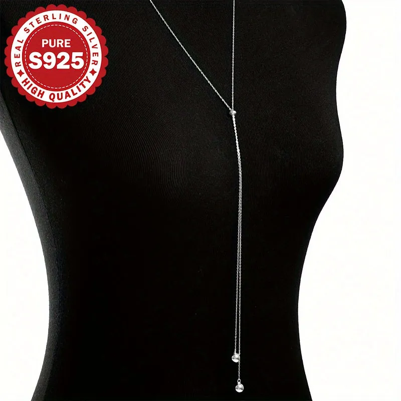 Women's S925 Silver Bead Pull Chain Round Ball Pendant Tassel Necklace
